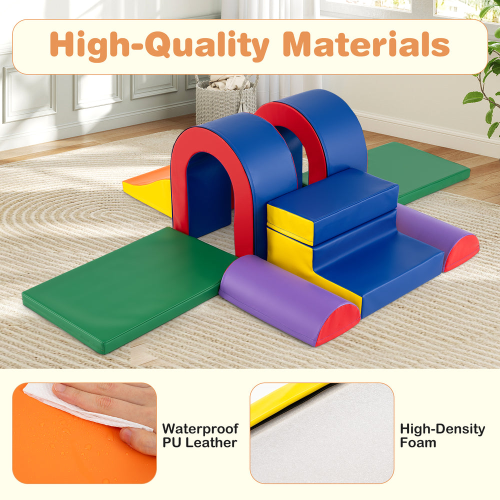 Colorful 10-piece foam climbing blocks set made of waterproof PU leather and high-density foam for safe toddler play.