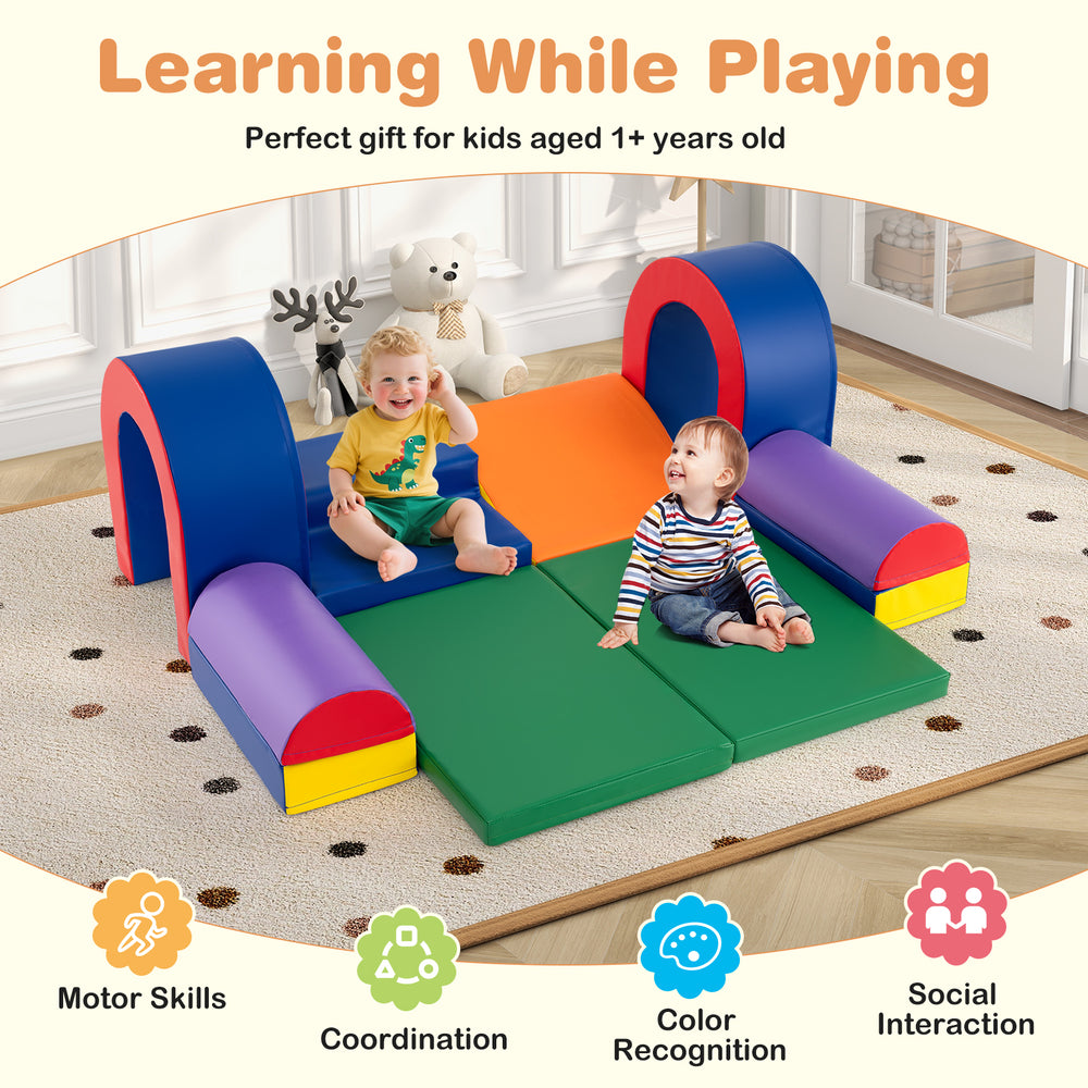 Multicolor 10-piece foam climbing blocks set for toddlers, featuring safe rounded edges and waterproof PU leather for.