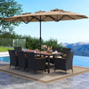 10-piece outdoor dining set featuring a brown rattan surface, acacia wood accents, and a large double-sided umbrella.