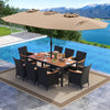 10-piece outdoor dining set featuring a brown acacia wood tabletop, padded chairs, and a large double-sided umbrella by.
