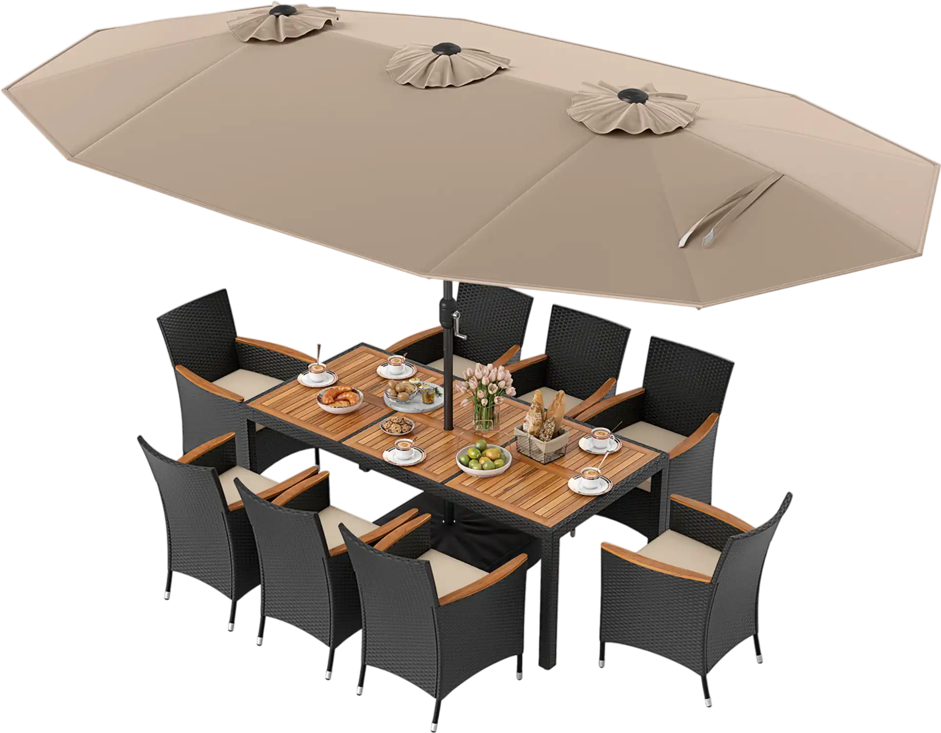 Costway 10-Pc Outdoor Patio Dining Set w/ 15' Double-Sided Twin Umbrella 983654721 New