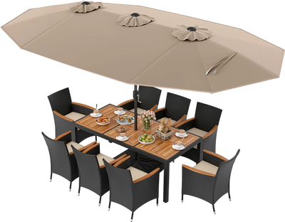 Costway 10-Pc Outdoor Patio Dining Set w/ 15' Double-Sided Twin Umbrella 983654721 New
