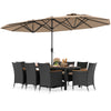 10-piece outdoor dining set with brown rattan chairs and acacia wood tabletop, featuring a large double-sided umbrella.