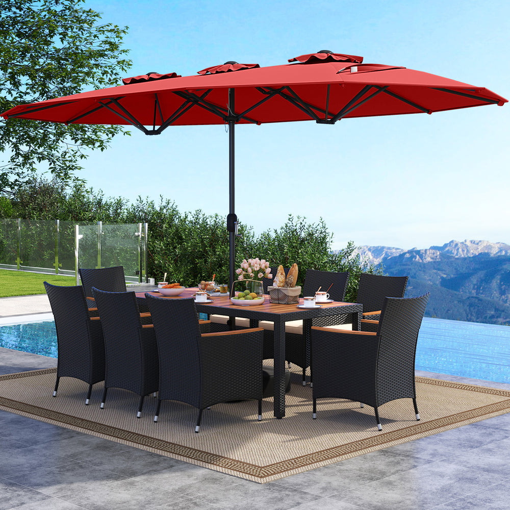 10 Piece Outdoor Dining Set with 15 Feet Double-Sided Twin Umbrella-Red - Gallery View 1 of 6