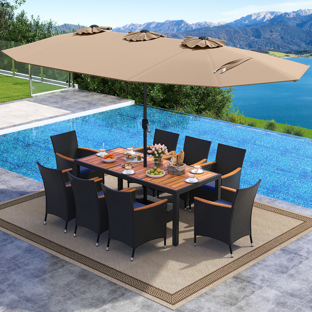 10-piece outdoor patio dining set featuring a brown acacia wood tabletop and double-sided umbrella, perfect for.