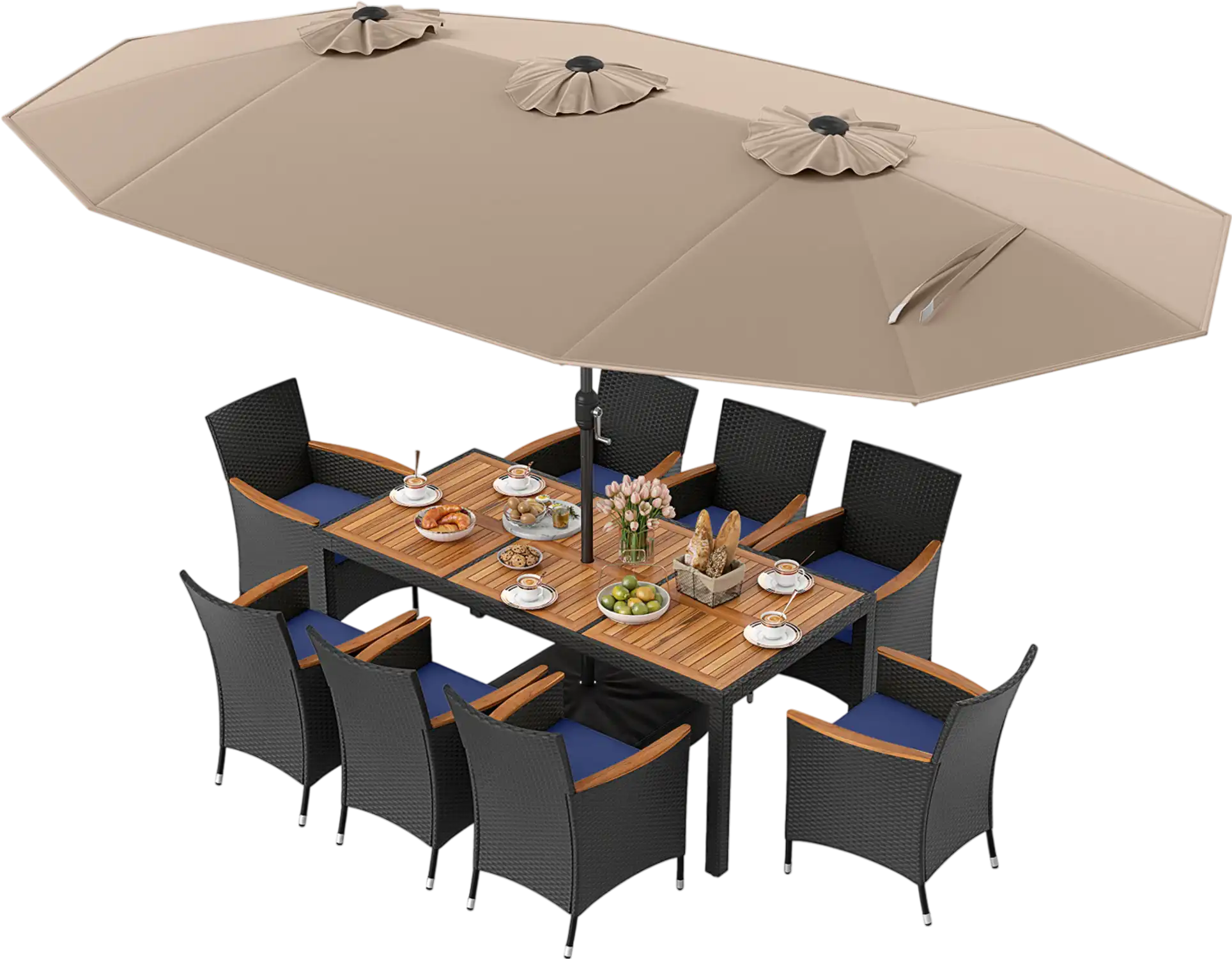 Costway 10-Piece Outdoor Patio Dining Set w/ 15' Double-Sided Twin Umbrella 659827341 New