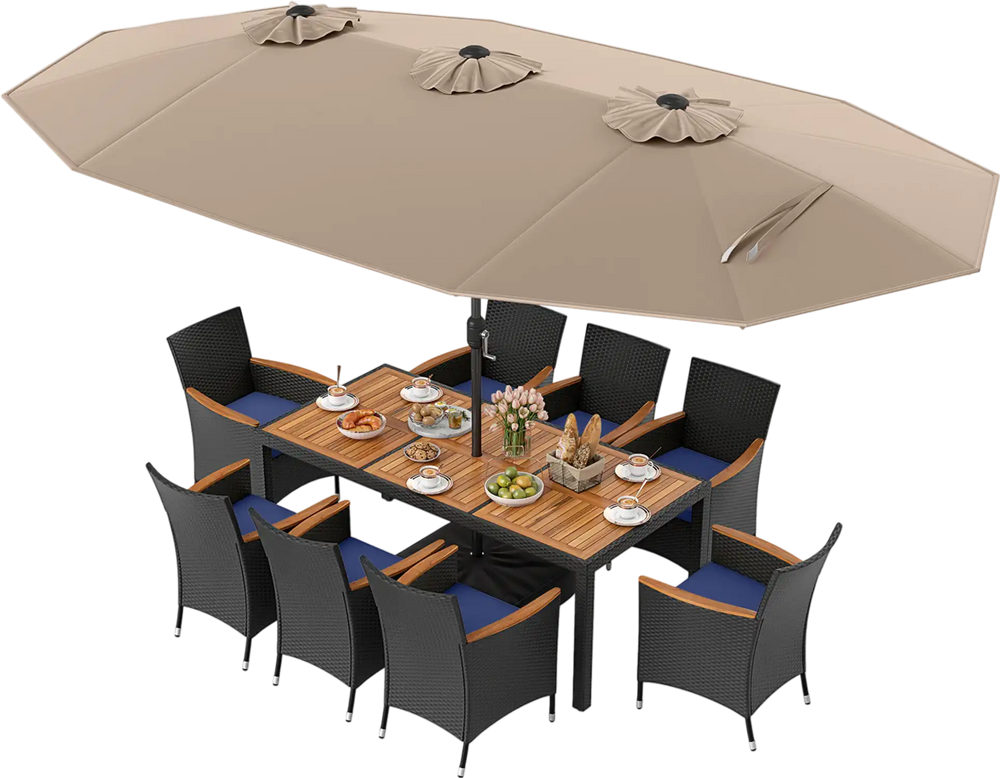 10-piece outdoor patio dining set featuring a brown acacia wood tabletop, rattan chairs, and a large double-sided.