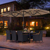 10-piece outdoor patio dining set featuring a brown rattan surface and a large double-sided umbrella for backyard.