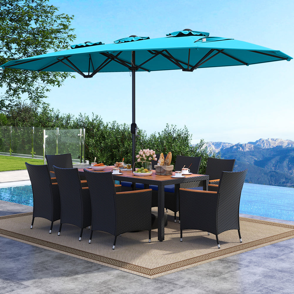 10 Piece Outdoor Patio Dining Set with 15 Feet Double-Sided Twin Umbrella-Turquoise - Gallery View 1 of 6