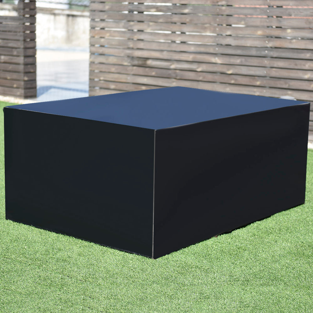 Black furniture cover for 10-piece outdoor patio dining set, protecting against weather and dust for durable use.