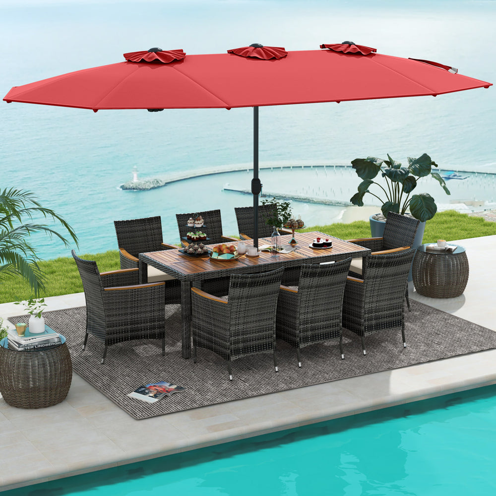 10 Pieces Patio Wicker Dining Set with 15 Feet Double-Sided Patio Umbrella-Red - Gallery View 1 of 11