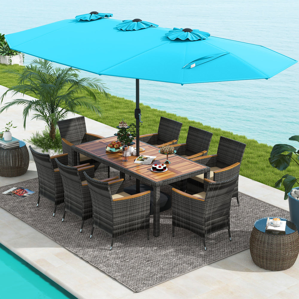10 Pieces Patio Wicker Dining Set with 15 Feet Double-Sided Patio Umbrella-Turquoise - Gallery View 1 of 6