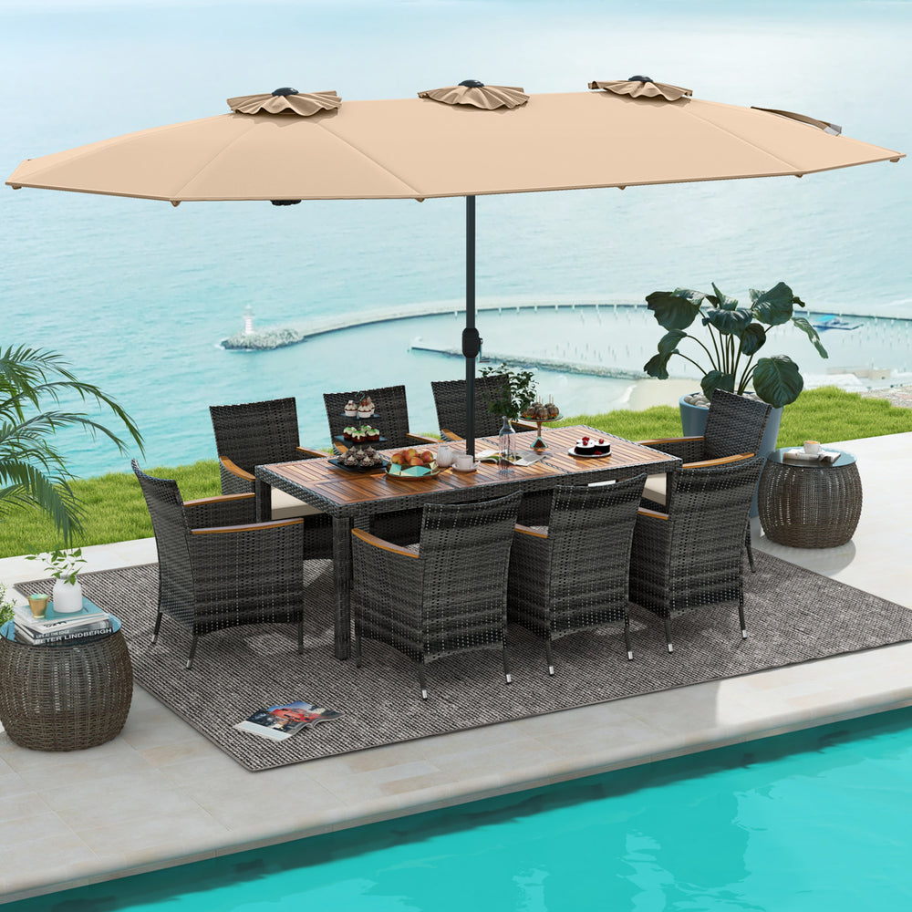 10-piece patio wicker dining set with acacia wood tabletop and large double-sided umbrella, perfect for outdoor.