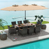 10-piece patio wicker dining set with acacia wood tabletop and large double-sided umbrella, perfect for outdoor.