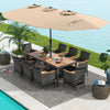 10-piece patio wicker dining set featuring a brown acacia wood tabletop and a large double-sided umbrella for outdoor.