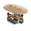 10-piece patio wicker dining set with acacia wood tabletop and large double-sided umbrella for outdoor gatherings.
