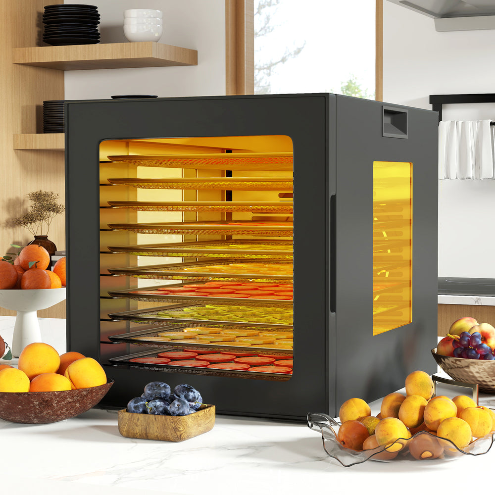 10-tray stainless steel food dryer with 360° airflow, LED display, and 10 presets for convenient food drying.