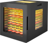 10-tray black food dehydrator with LED display, 360° airflow, and 10 presets for even drying of various foods.