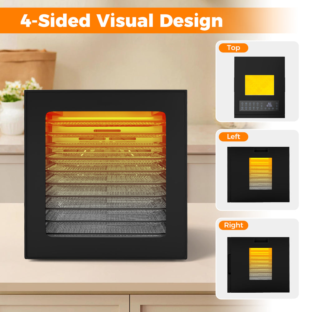 10 stainless steel trays food dryer with 4-sided visual design, LED lights, and 360° airflow for even drying.