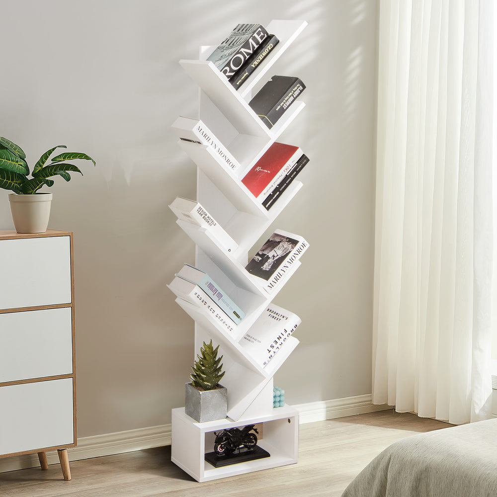 Tree-shaped 10-tier bookshelf in white with a removable drawer, perfect for corner storage in living rooms or bedrooms.