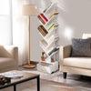 White 10-tier bookshelf with unique tree design and removable drawer, ideal for stylish corner storage in any space.