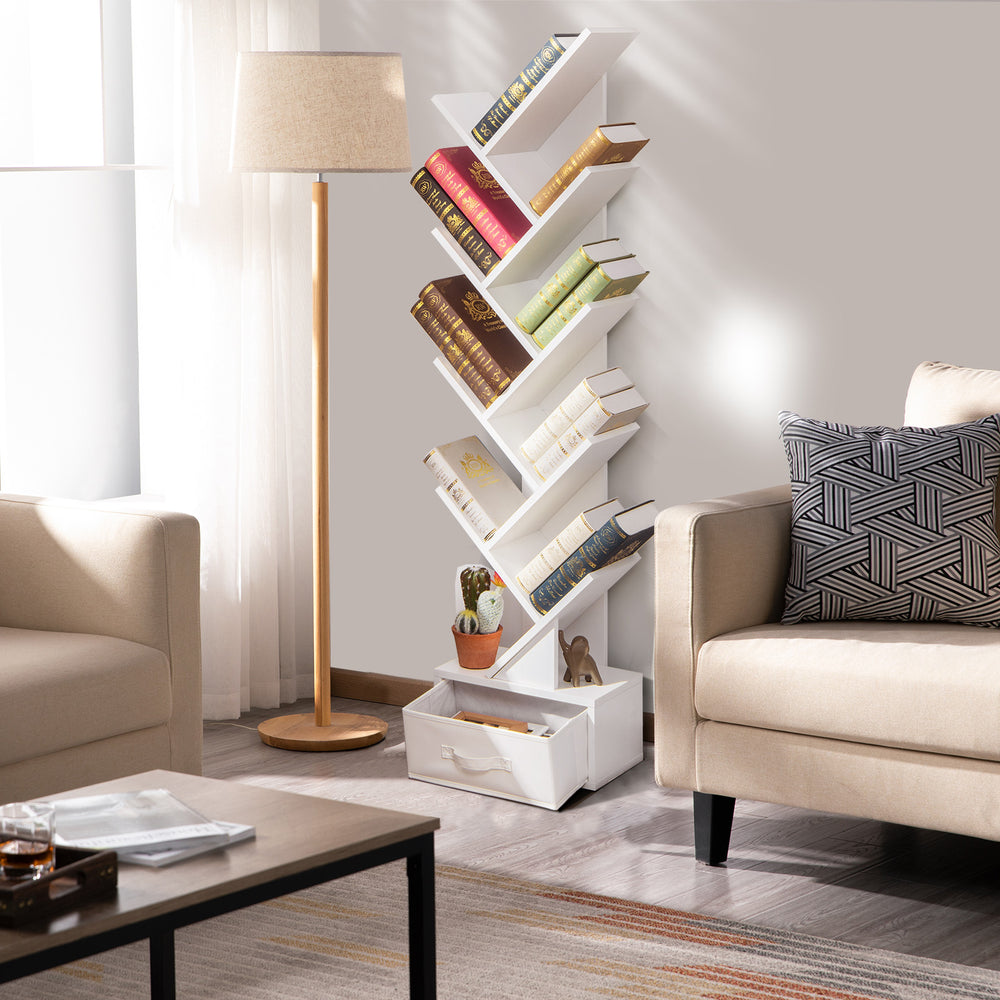 White 10-tier bookshelf with unique tree design and removable drawer, ideal for stylish corner storage in any space.
