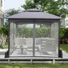 10x10 ft gray patio gazebo with netting walls, featuring a sturdy frame and sandbags for stability, ideal for outdoor.
