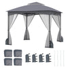 10x10 ft heavy-duty gray patio gazebo with mesh walls, zippered doors, and 4 sandbags for enhanced stability.