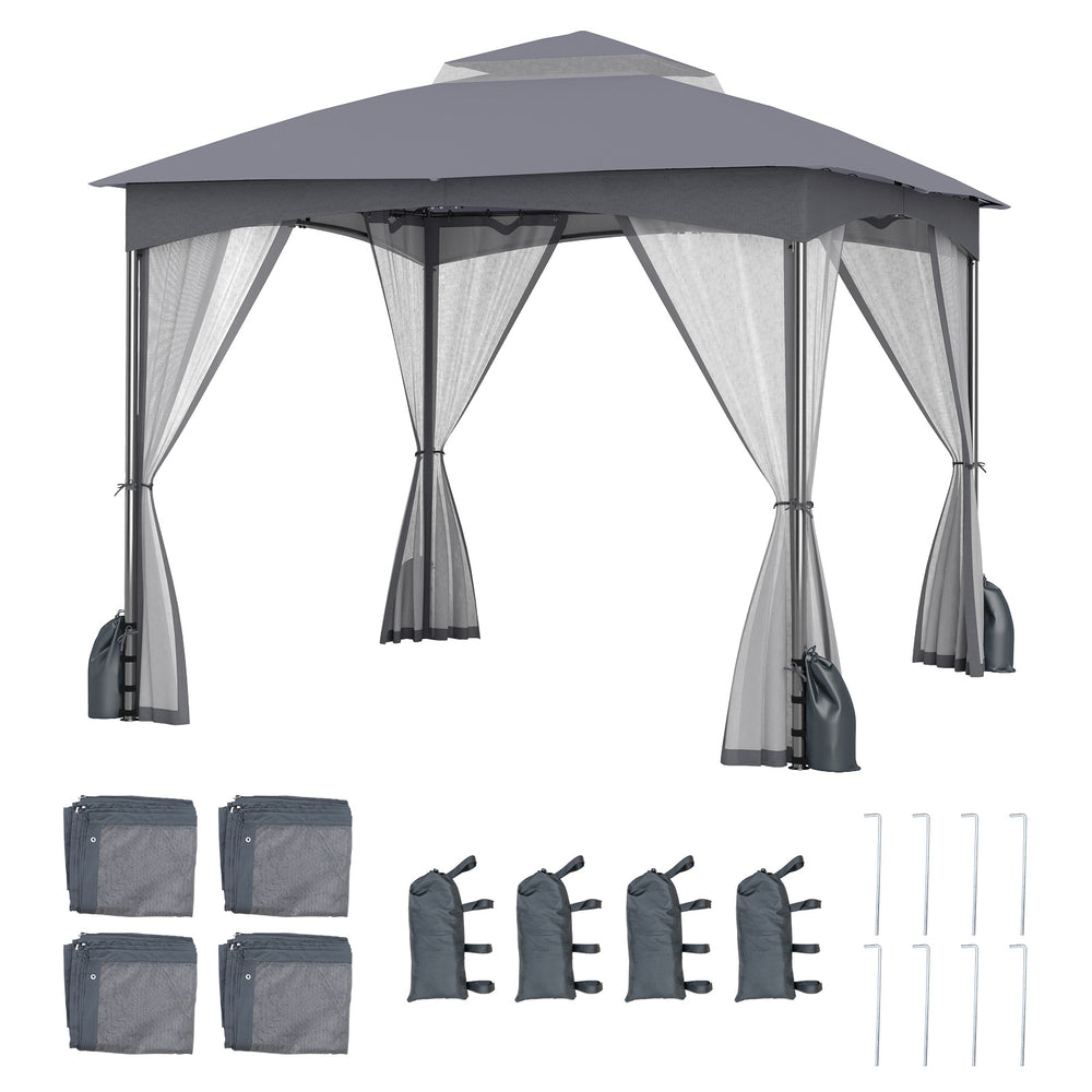 10x10 ft heavy-duty gray patio gazebo with mesh walls, zippered doors, and 4 sandbags for enhanced stability.