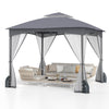 10x10 ft gray heavy-duty patio gazebo with mesh sidewalls, zippered doors, and sandbags for outdoor stability.