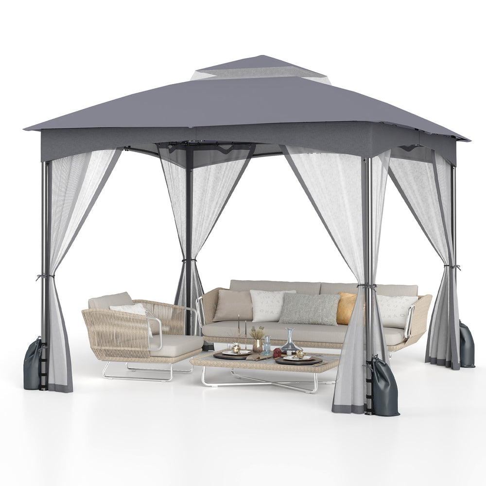 10x10 ft gray heavy-duty patio gazebo with mesh sidewalls, zippered doors, and sandbags for outdoor stability.