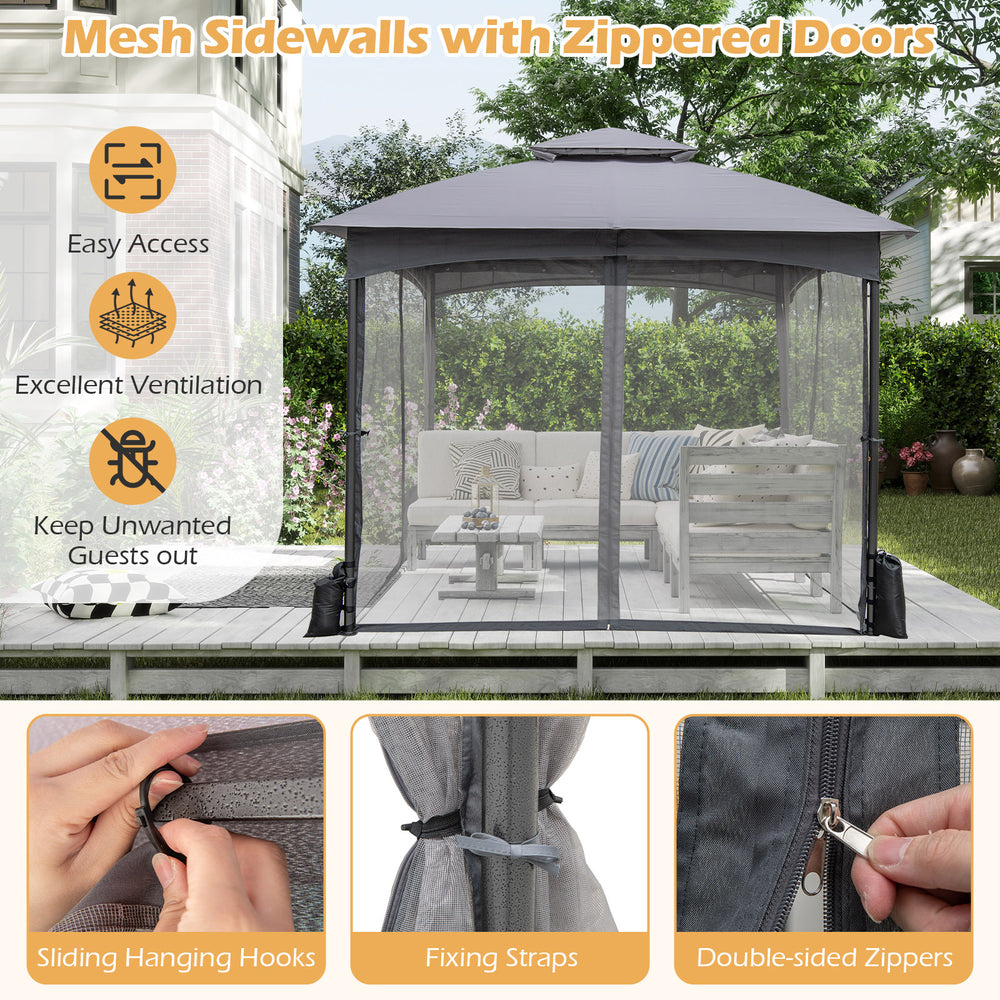 10x10 ft gray patio gazebo with mesh sidewalls and zippered doors, featuring easy access and excellent ventilation.