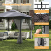 10x10 ft gray heavy-duty patio gazebo with netting walls, strong center frame, and 4 sandbags for enhanced stability.