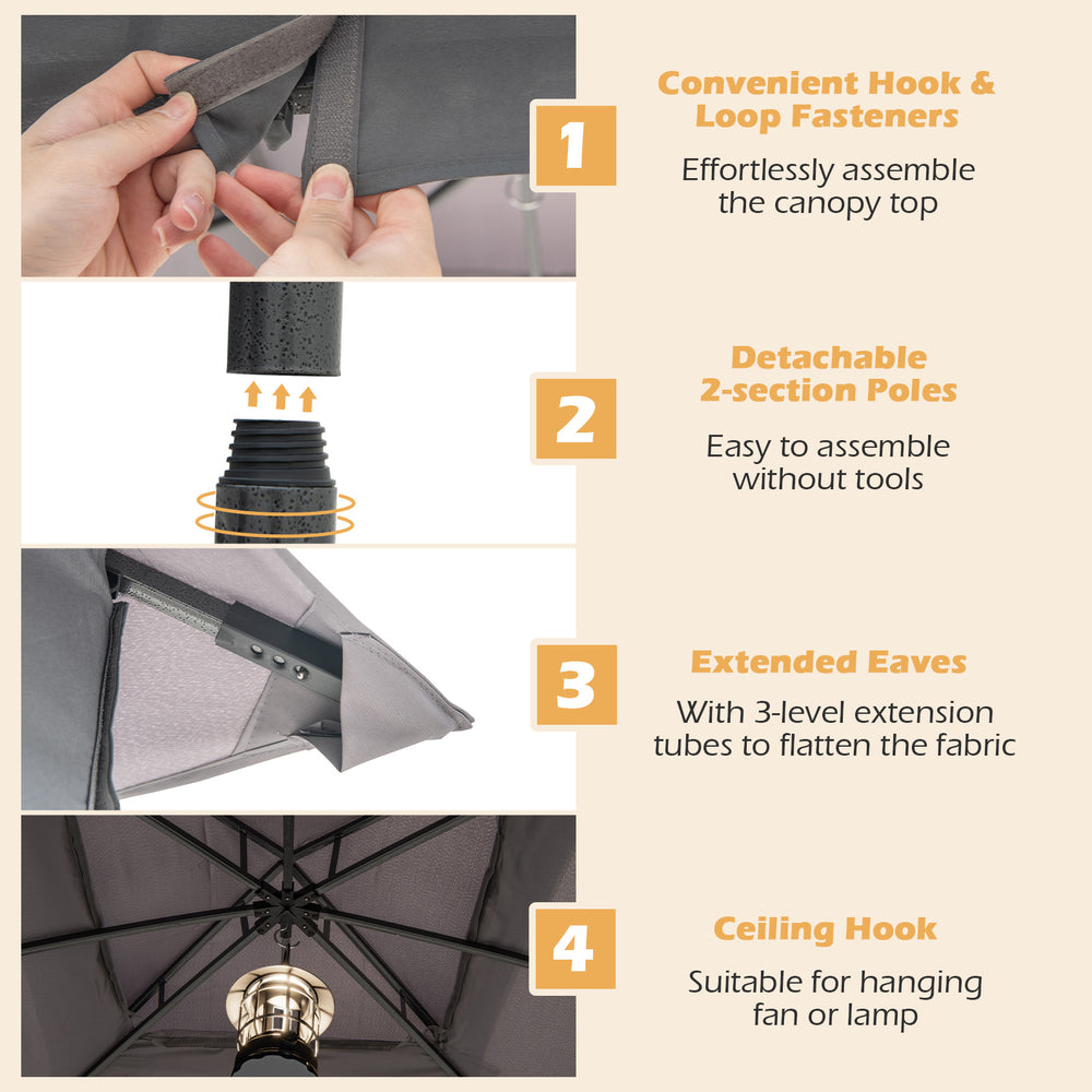 Detail of the 10x10 ft heavy-duty patio gazebo showing detachable poles and convenient hook fasteners for easy assembly.