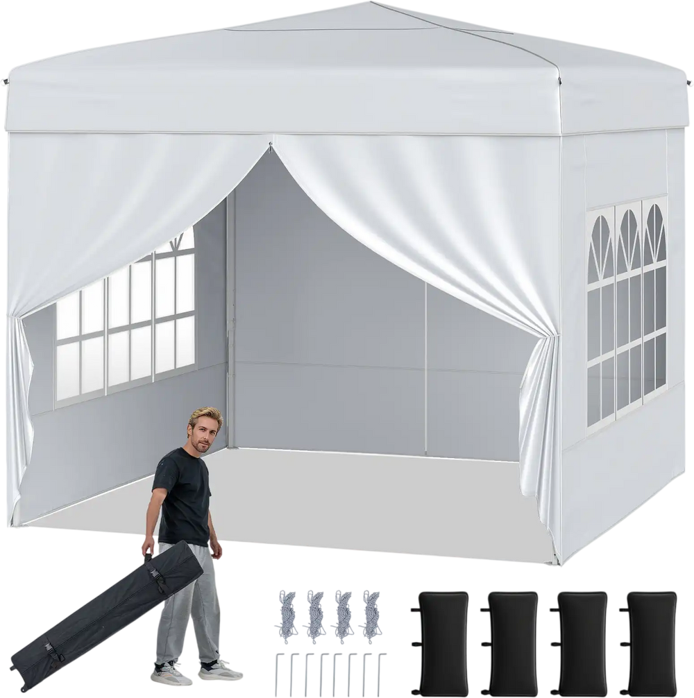 Pop up 10x10 ft canopy tent with 4 sidewalls, constructed of durable oxford cloth for outdoor events and sun protection.
