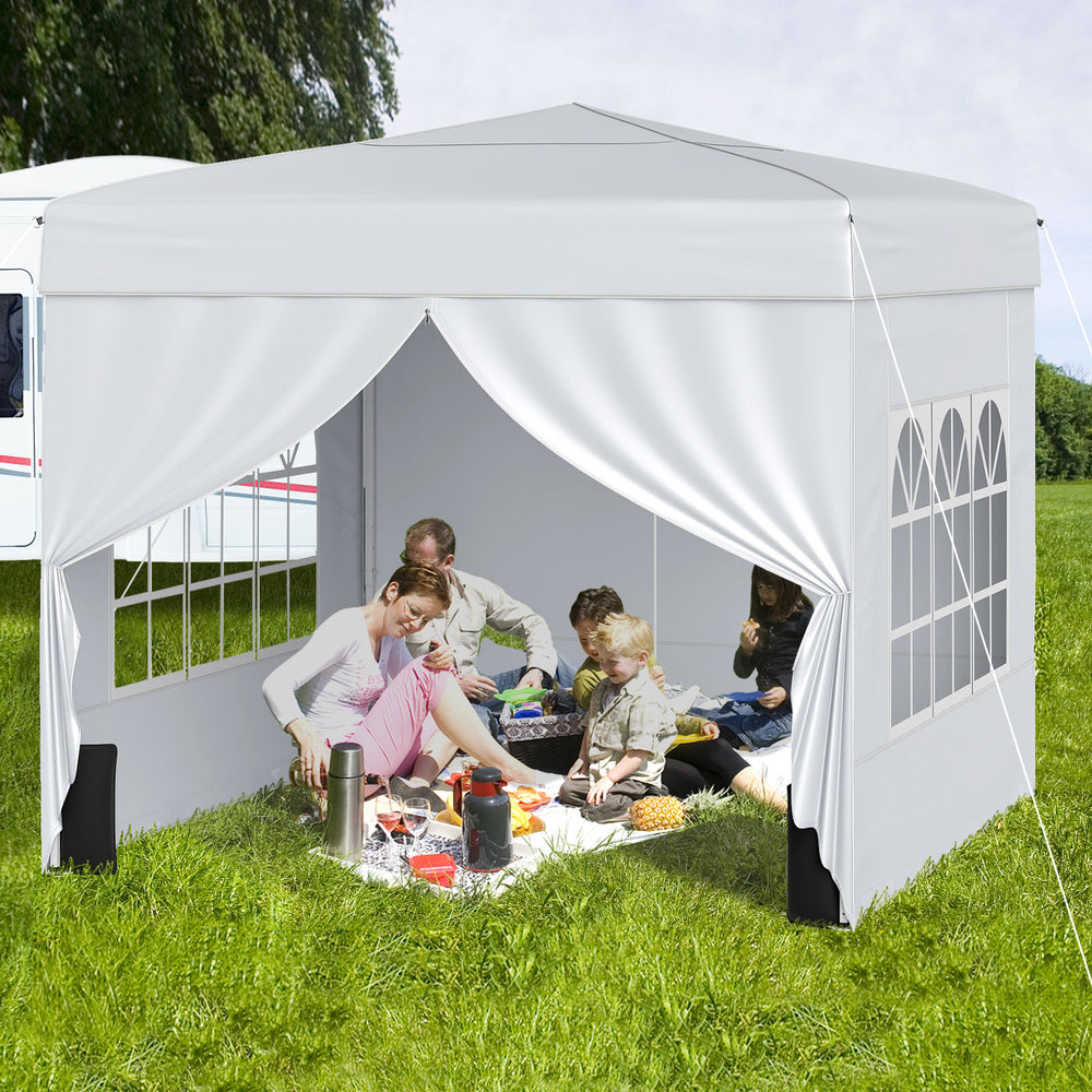 Pop up canopy tent with 4 sidewalls, ideal for outdoor gatherings, providing sun protection and easy setup.