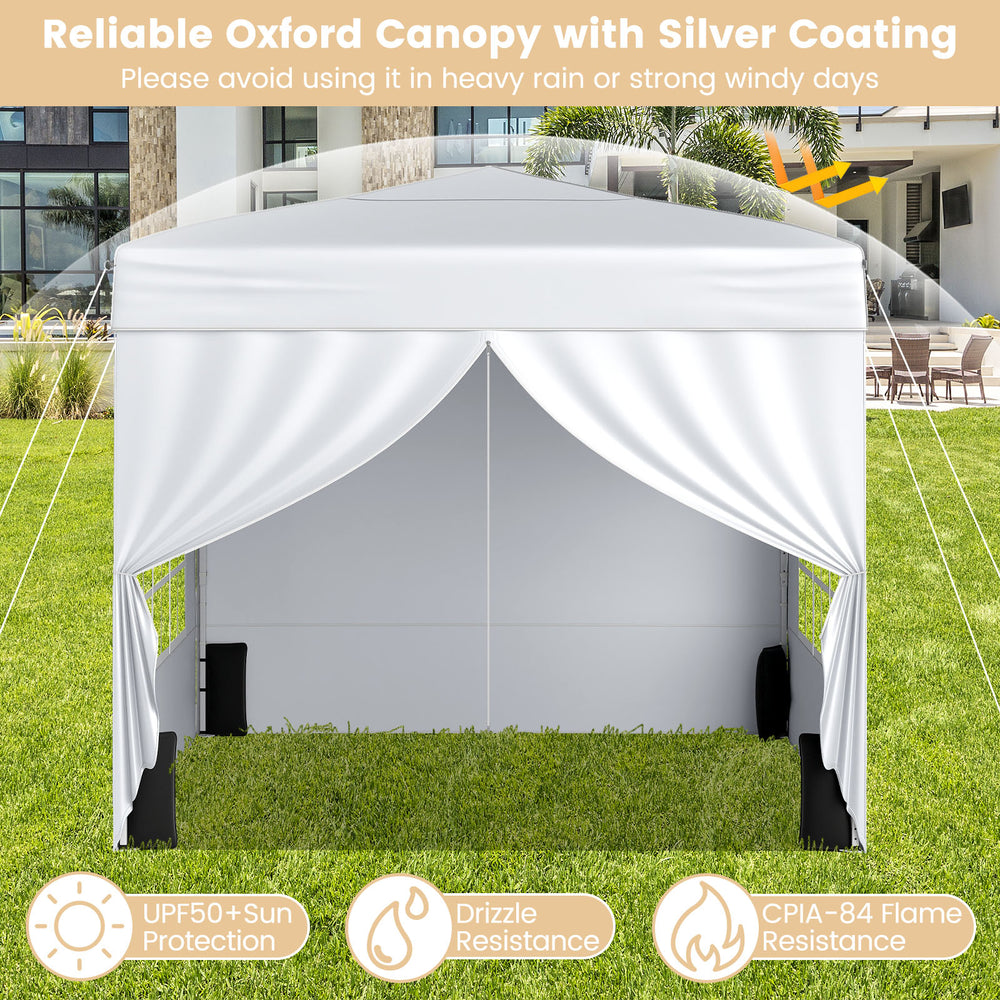 10x10 FT white pop-up canopy tent with 4 sidewalls, UPF50+ sun protection, ideal for outdoor events and gatherings.