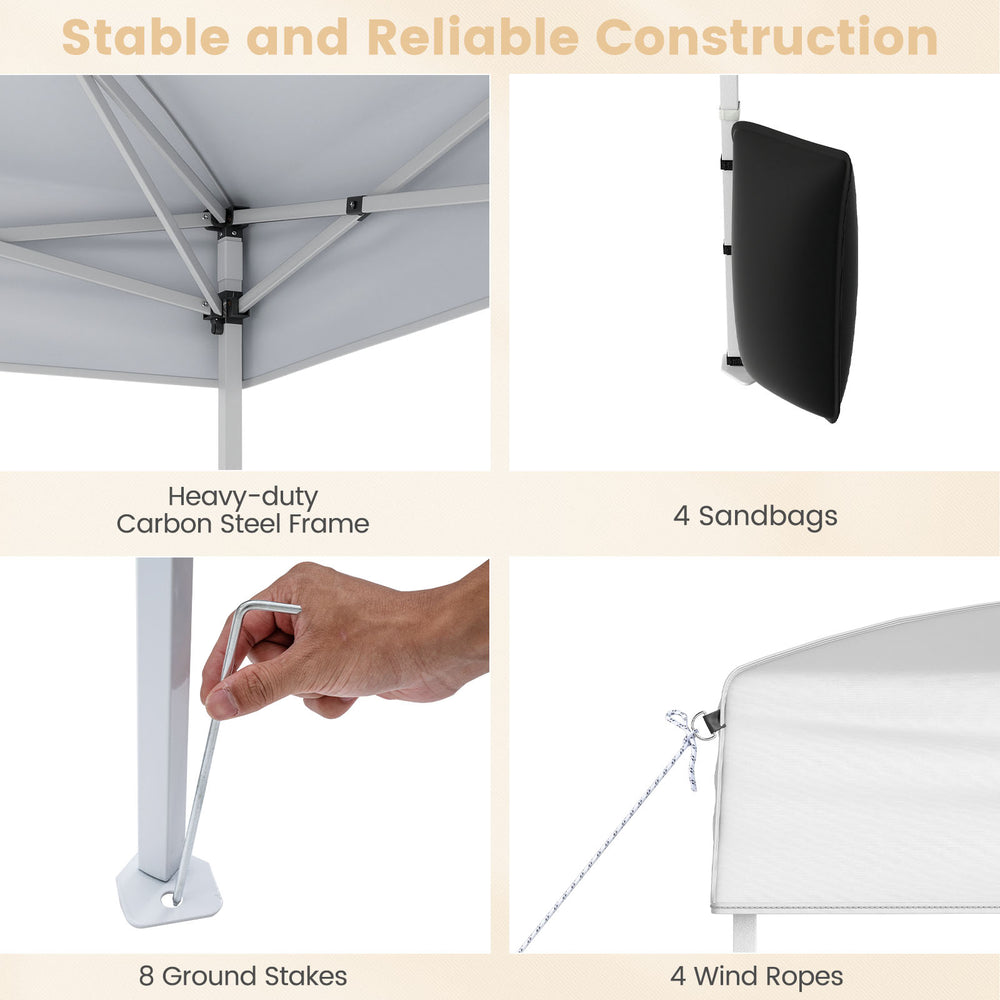 Pop up canopy tent with heavy-duty carbon steel frame, 4 sandbags, and 8 ground stakes for outdoor stability and sun.