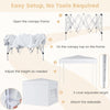 Pop-up canopy tent setup steps showing frame assembly, height adjustment, and sidewall attachment for outdoor use.