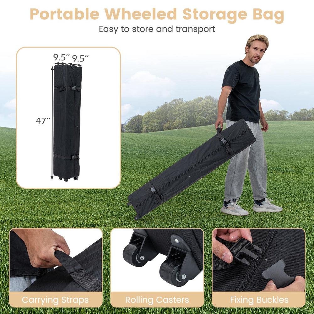 Wheeled storage bag for 10x10 ft pop-up canopy tent, featuring carrying straps and rolling casters for easy transport.