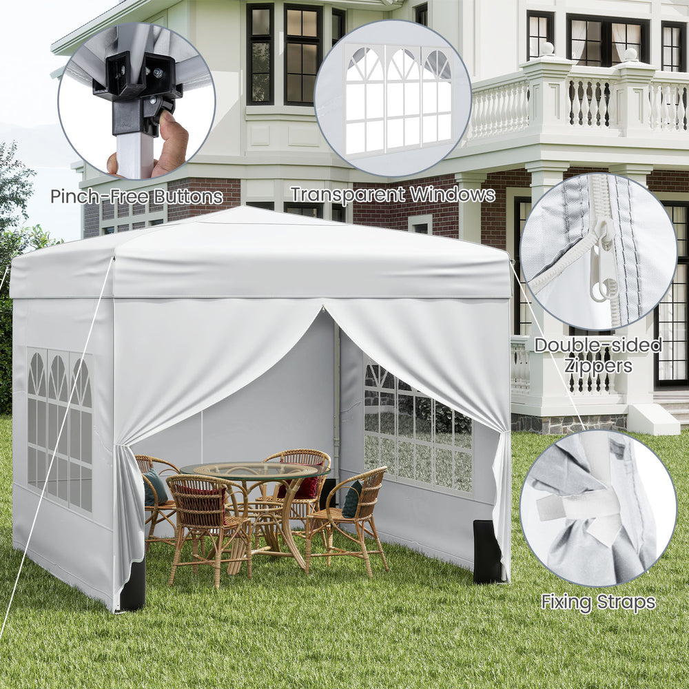 10x10 FT pop-up canopy tent with white oxford cloth, transparent windows, and zippered sidewalls for outdoor events.
