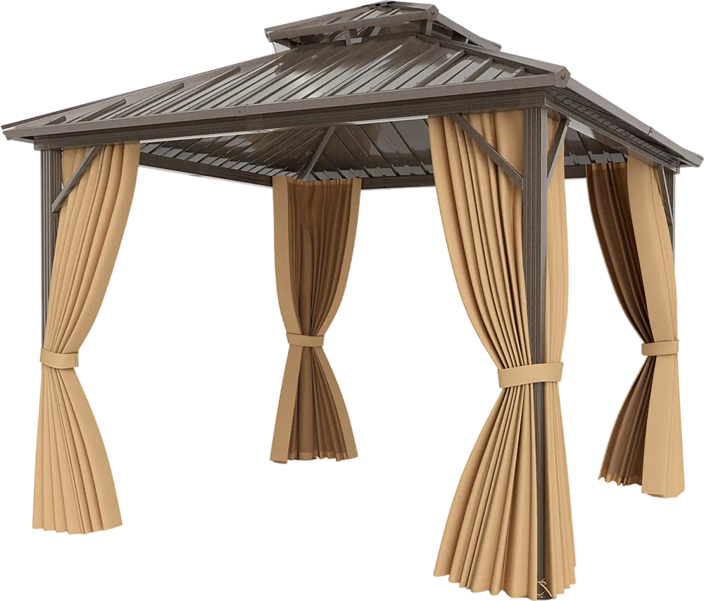 10x10 feet hardtop gazebo with waterproof roof, netting, and curtains for patio and backyard protection.