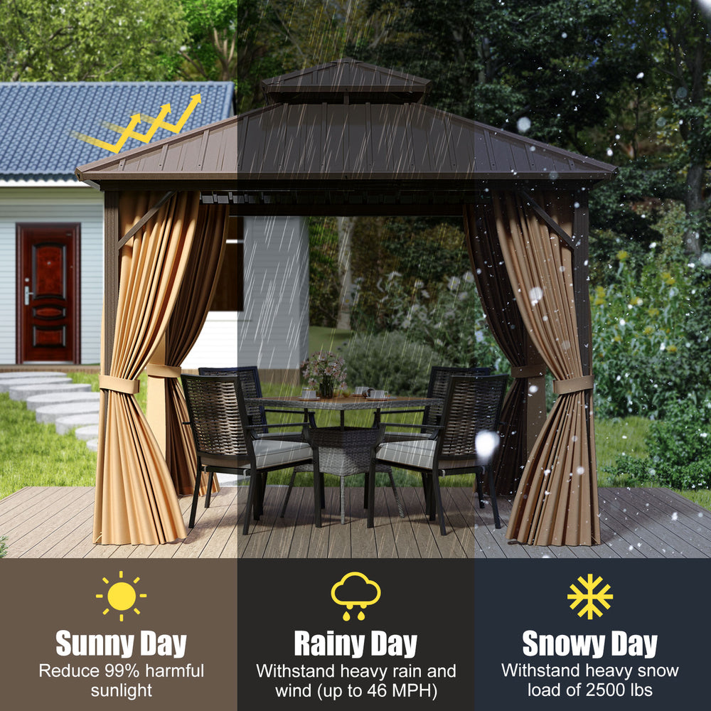 10x10 feet hardtop gazebo with waterproof roof, netting, and curtains for patio protection against sun, rain, and snow.