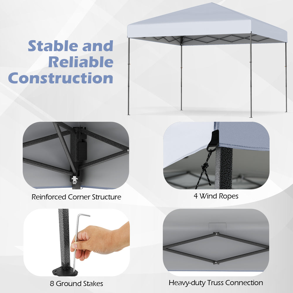 10x10 feet pop-up canopy tent with reinforced corner structure, wind ropes, and heavy-duty truss connection for outdoor.