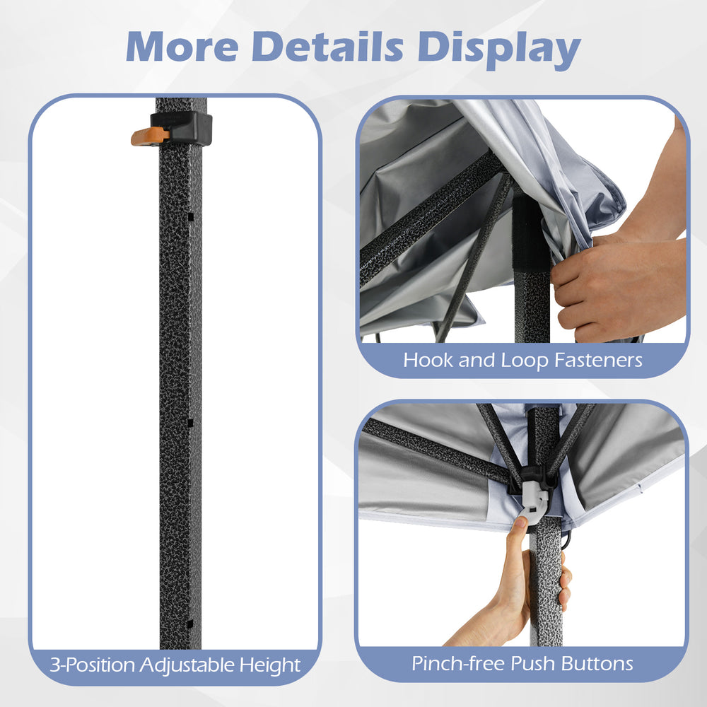 Close-up of the 3-position adjustable height feature and pinch-free push buttons on the 10x10 feet pop-up canopy tent.