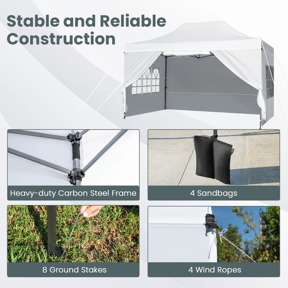 Pop up canopy tent with heavy-duty carbon steel frame, 4 sandbags, and 8 ground stakes for outdoor stability.
