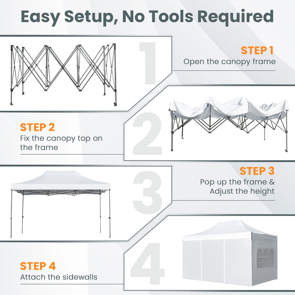 10x14 FT pop-up canopy tent in white, featuring easy tool-free setup and zippered sidewalls for outdoor events.
