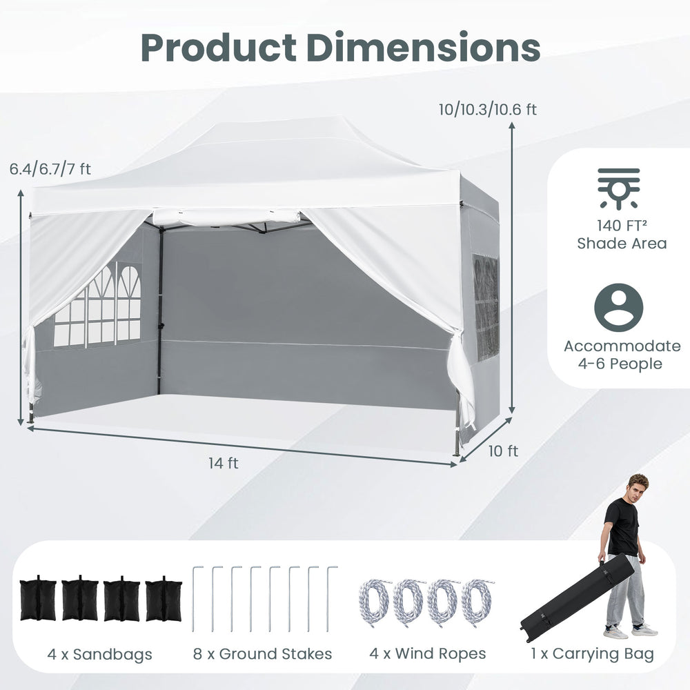 Pop up canopy tent measuring 10 x 14 ft, featuring a white oxford cloth cover and adjustable height for outdoor events.