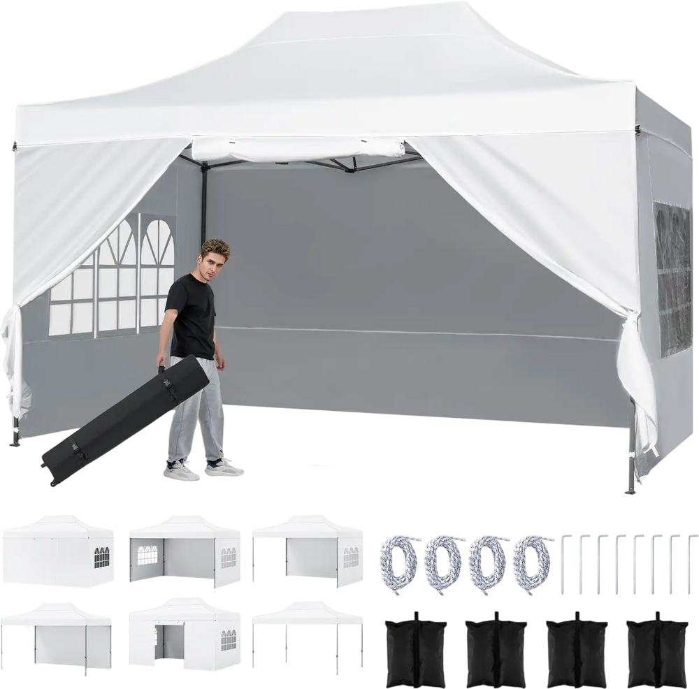 Pop up canopy tent in white, 10 x 14 ft, with zippered sidewalls and UPF50+ sun protection, ideal for outdoor events.