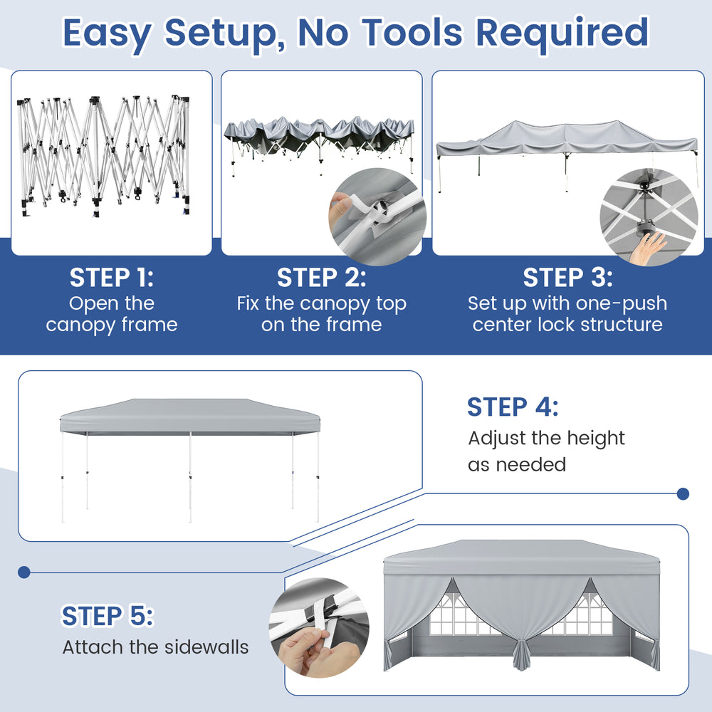 Pop-up canopy tent with gray Oxford cloth, 10 x 20 ft size, includes 6 detachable sidewalls for versatile outdoor use.